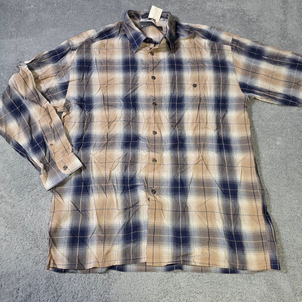 Basic Elements Mens‎ L Shirt Navy Tan Plaid Rayon Long Sleeve Button Up Vintage